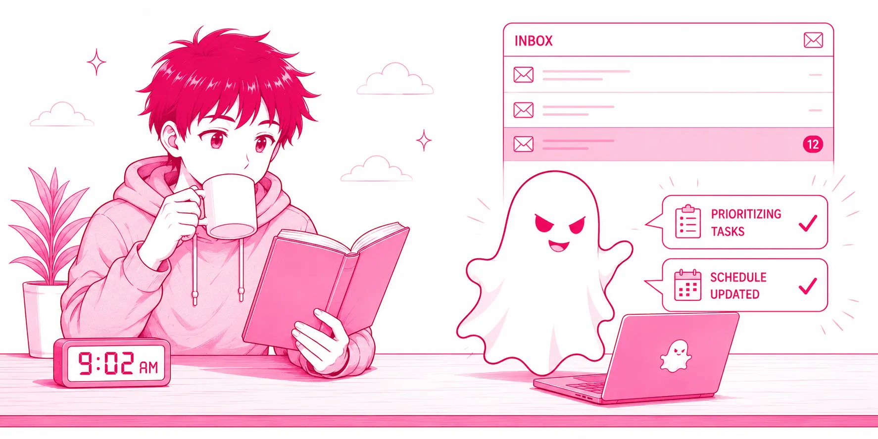 Morning at the desk — coffee in hand while Ghost triages the inbox on its own machine