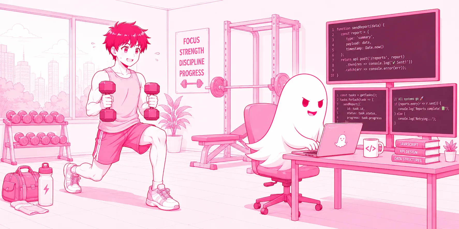 Mid-workout at the gym while Ghost grinds through busywork back home
