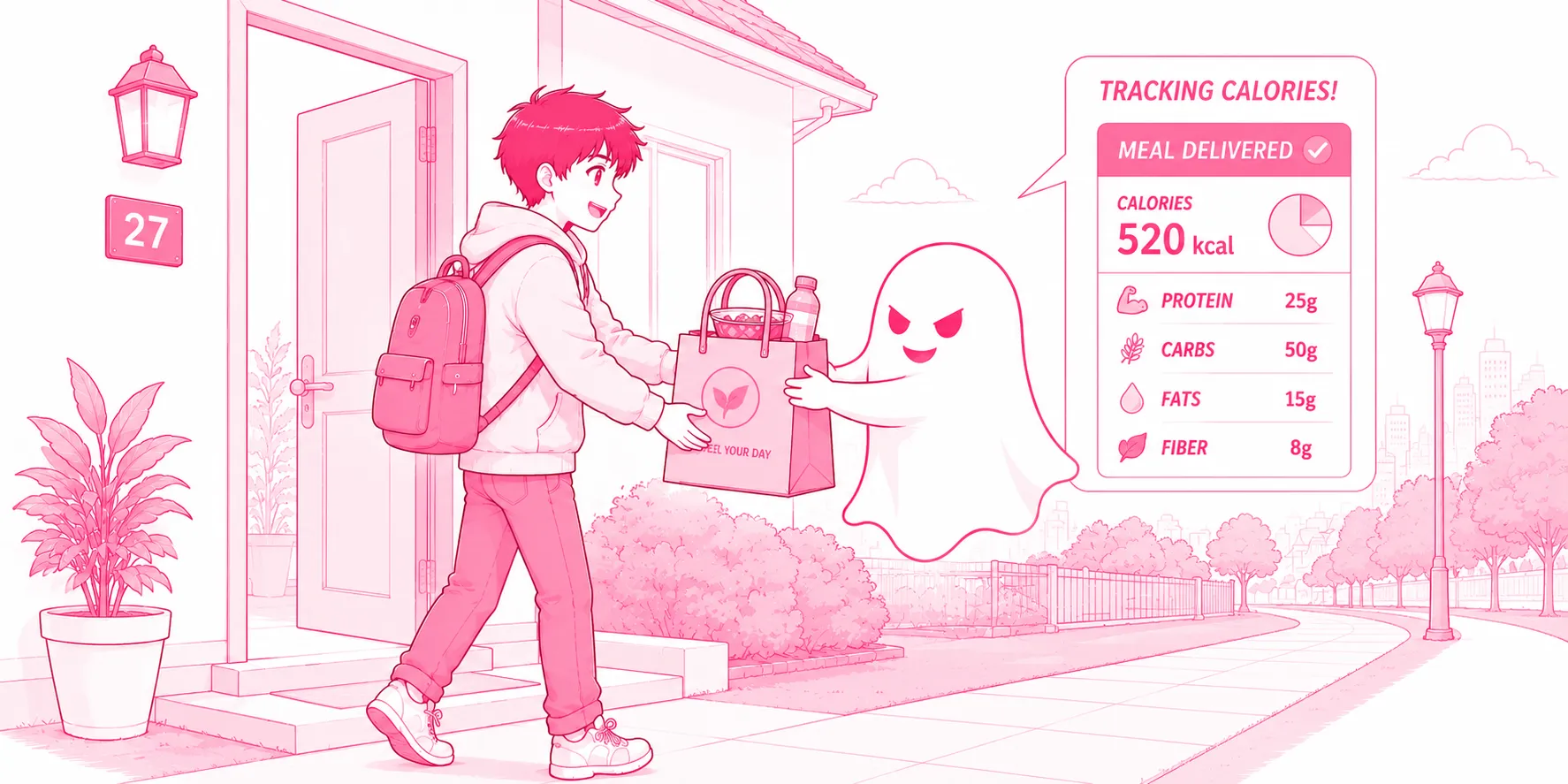 Dinner shows up — Ghost ordered the meal and logged the macros