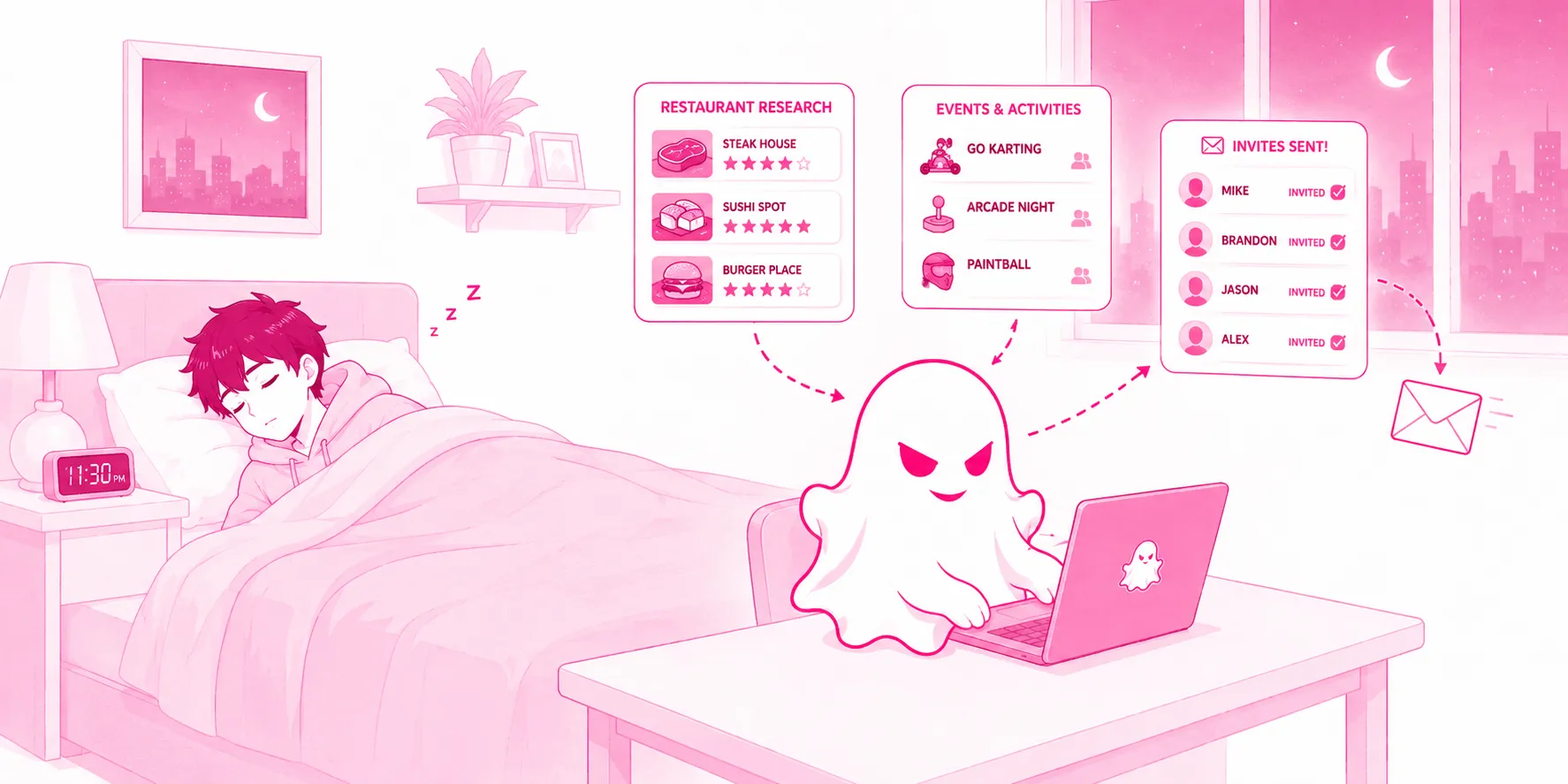 Asleep while Ghost clears the inbox and queues the weekend overnight