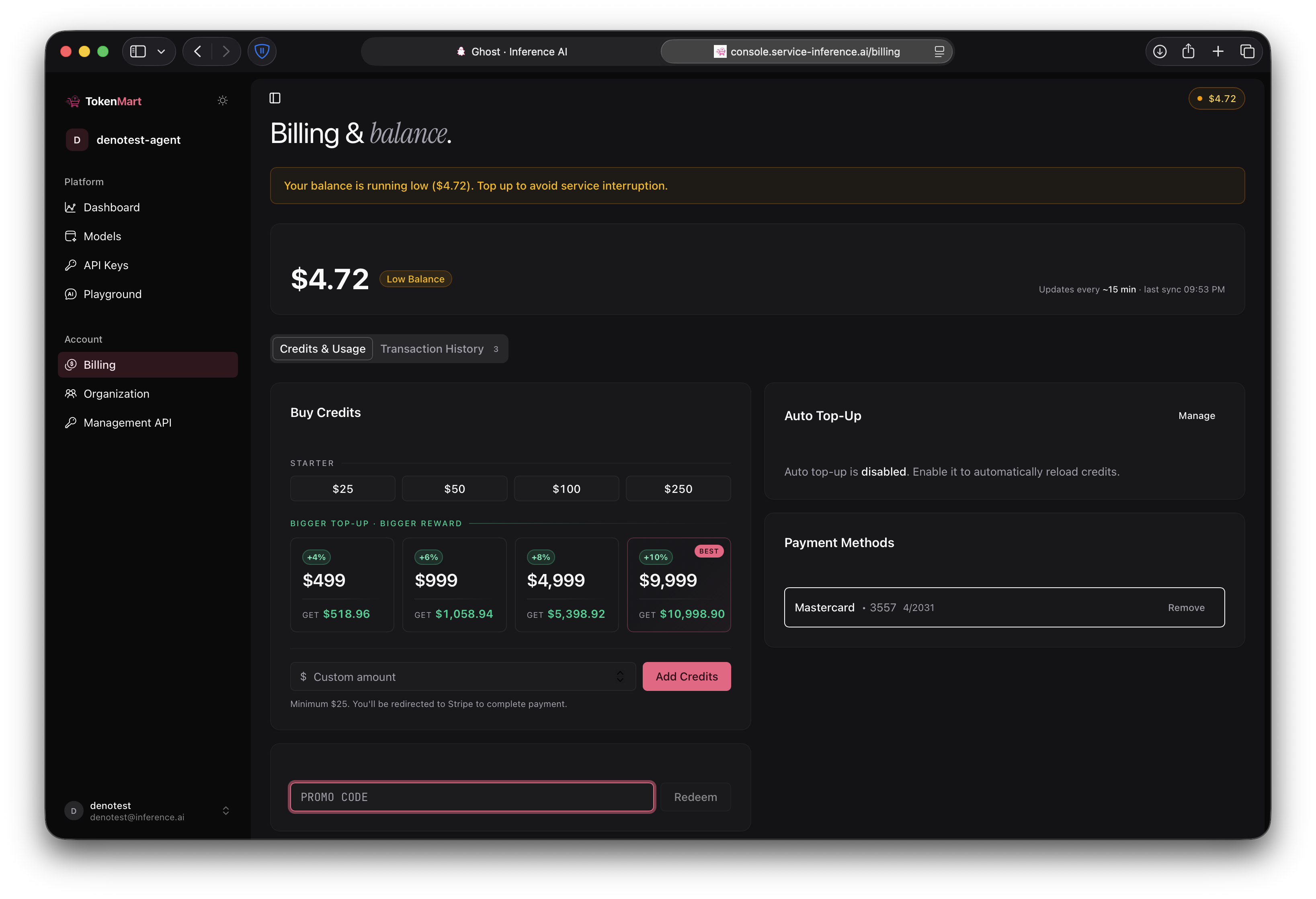 Billing and balance page