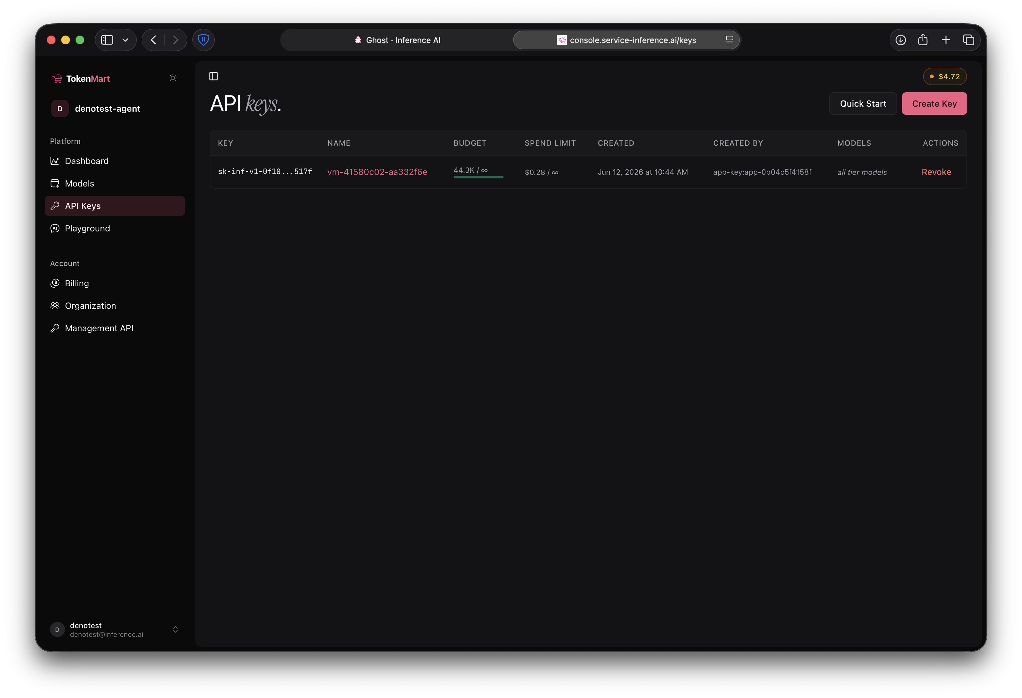 API Keys page